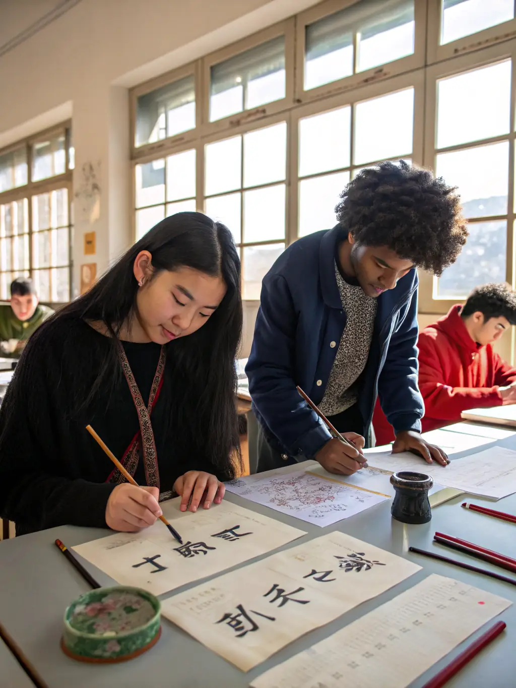 A photograph of participants in a calligraphy class at the MUSEE DEPARTEMENTAL DE L'ECOLE PUBLIQUE, practicing traditional handwriting techniques with quill pens and ink.