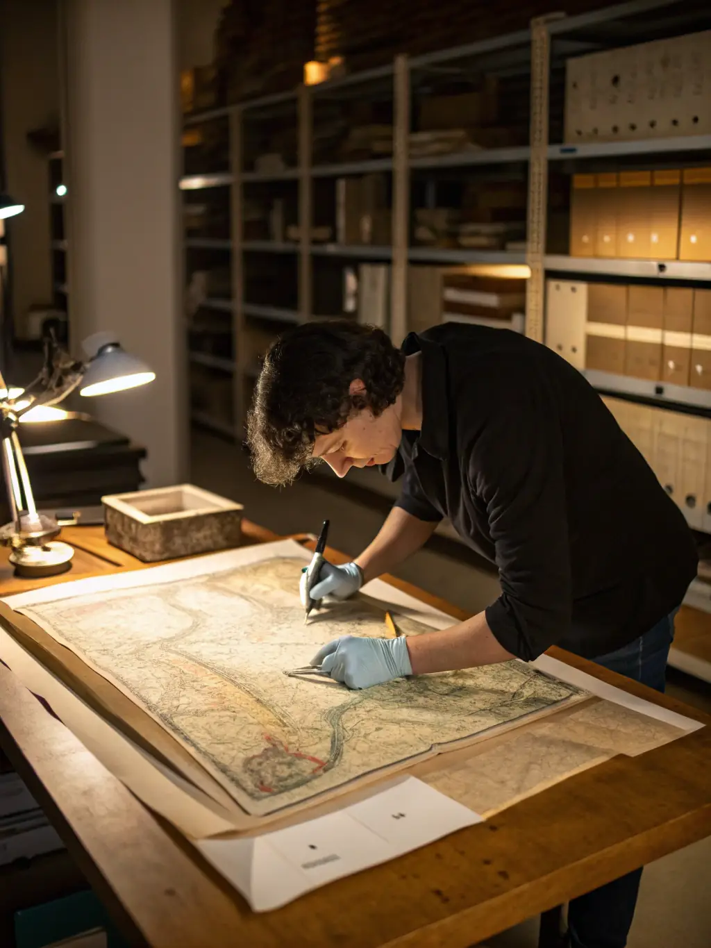 A close-up shot of a conservator carefully restoring a vintage schoolbook at the MUSEE DEPARTEMENTAL DE L'ECOLE PUBLIQUE, showcasing the museum's dedication to preserving educational artifacts.