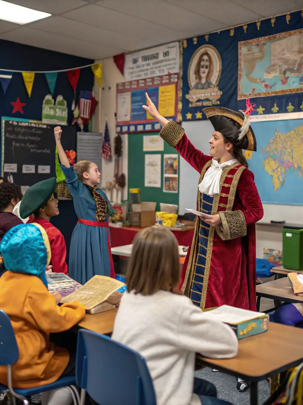 A photograph of children actively participating in a historical reenactment activity at the MUSEE DEPARTEMENTAL DE L'ECOLE PUBLIQUE, dressed in period clothing and using old-fashioned school supplies.