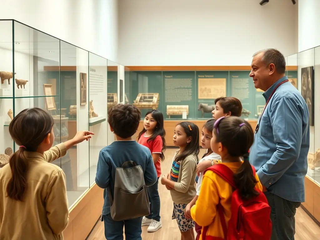 A photograph showcasing a guided tour at the MUSEE DEPARTEMENTAL DE L'ECOLE PUBLIQUE, with a group of visitors listening attentively to a museum guide in front of a historical classroom exhibit.