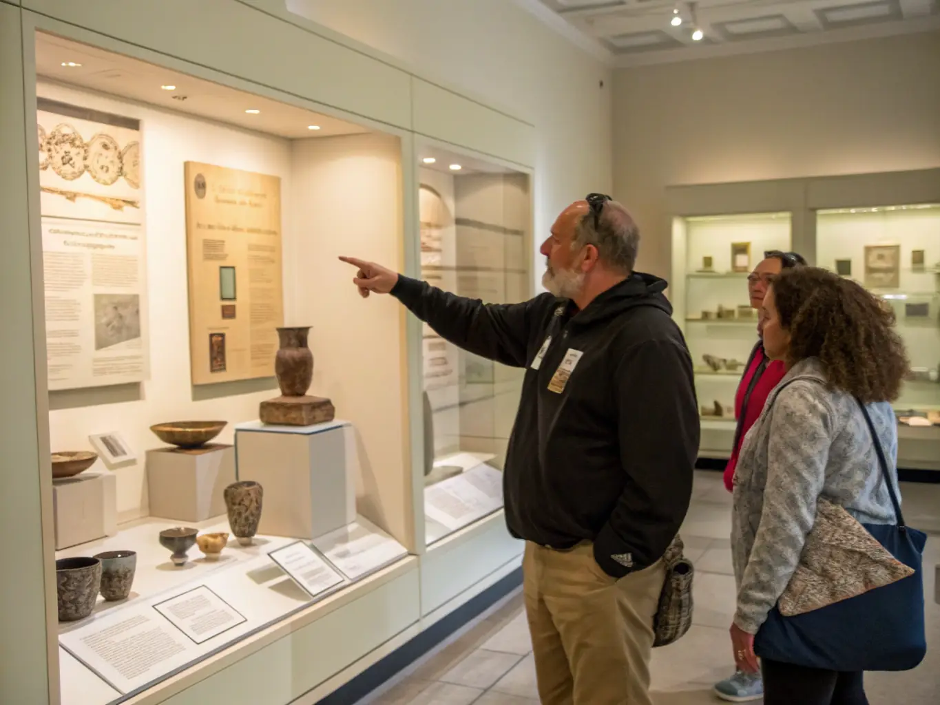 A photograph of a museum guide leading a group of visitors through an exhibition at the MUSEE DEPARTEMENTAL DE L'ECOLE PUBLIQUE, highlighting key artifacts and historical information.